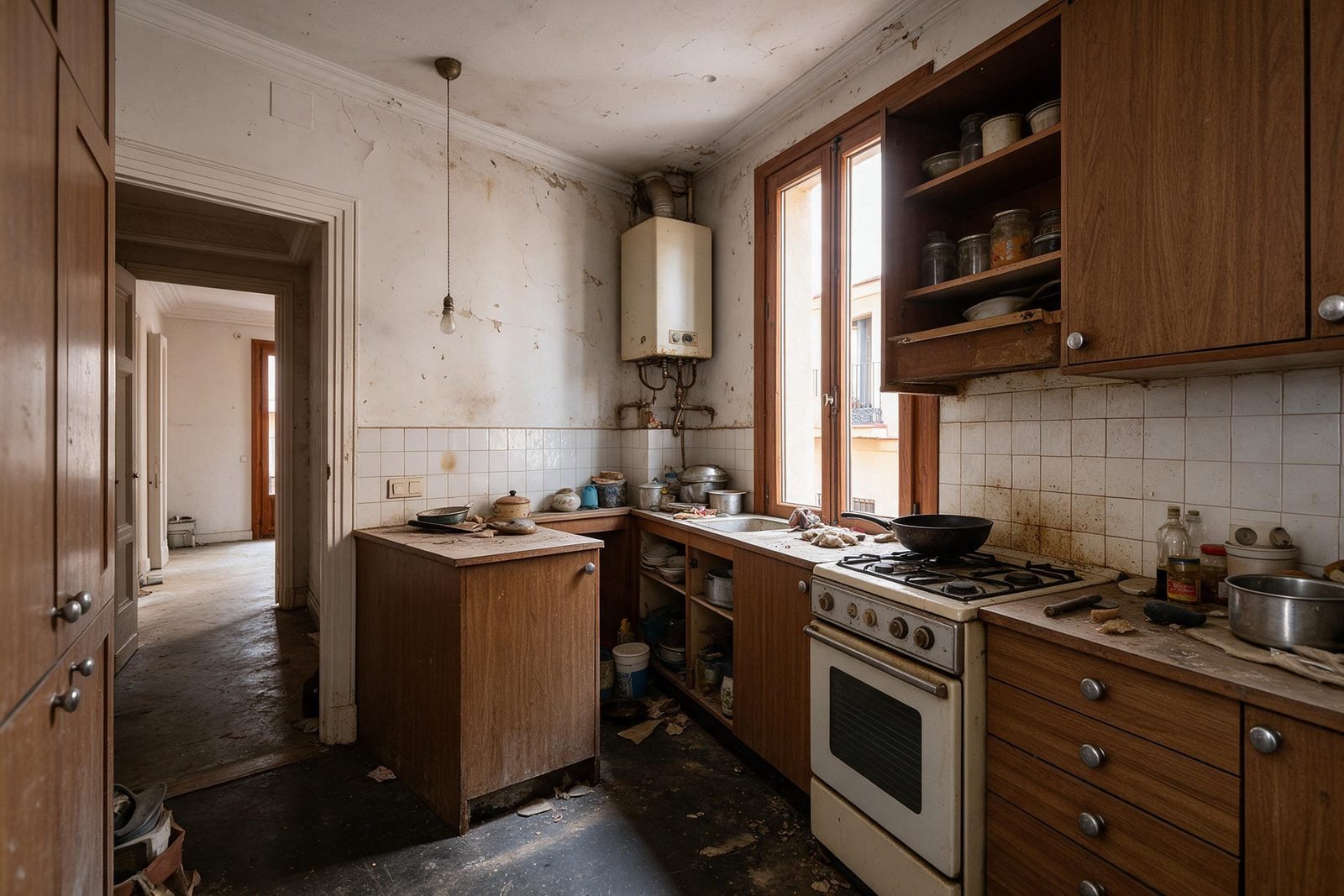 La misma cocina antes de la obra, con muebles antiguos y azulejo gastado