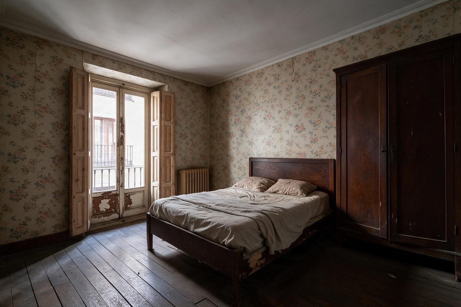 El mismo dormitorio antes de la obra, sin armarios y con el balcón deteriorado