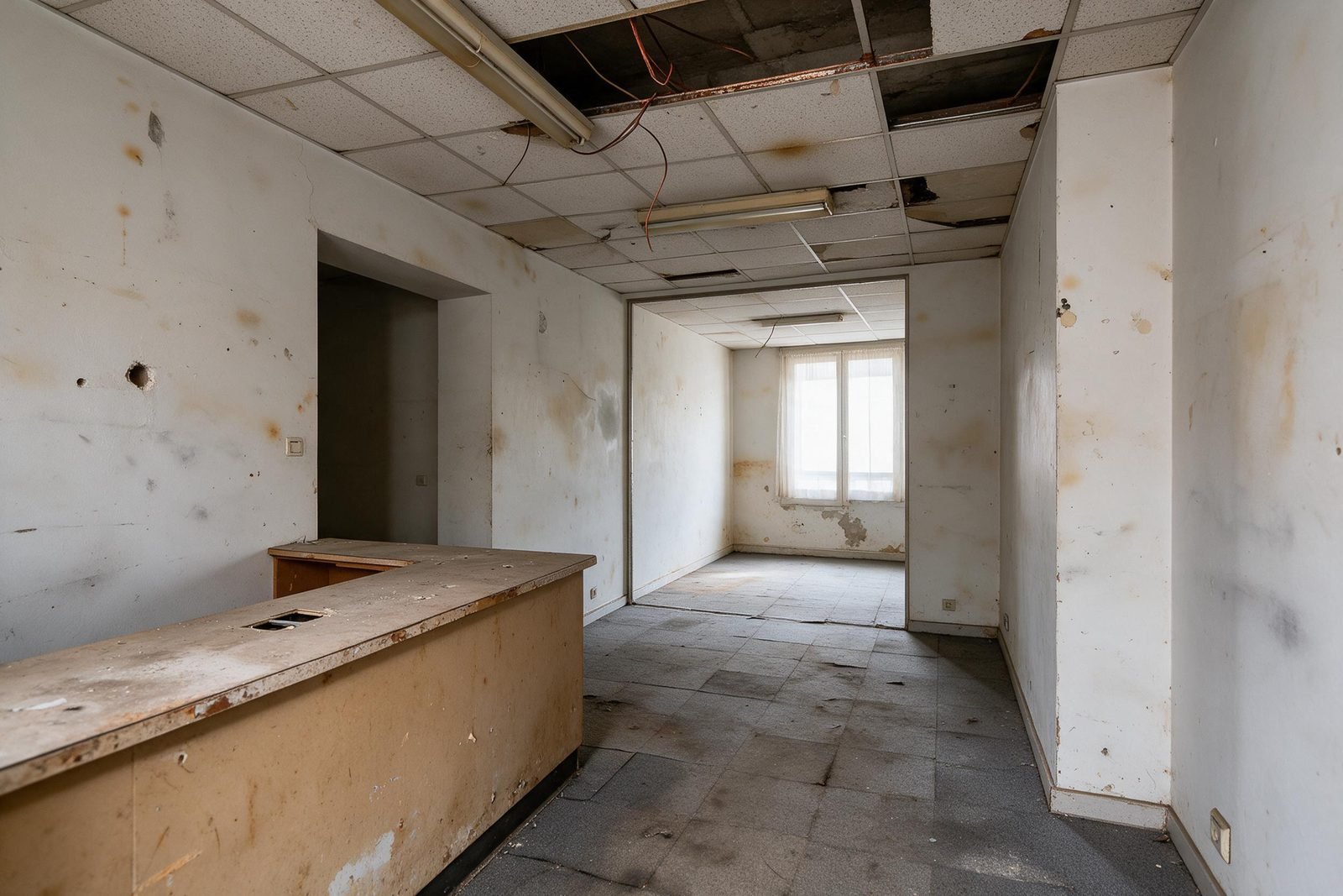 El mismo tipo de recepción antes de la obra, sin mostrador y con las instalaciones vistas