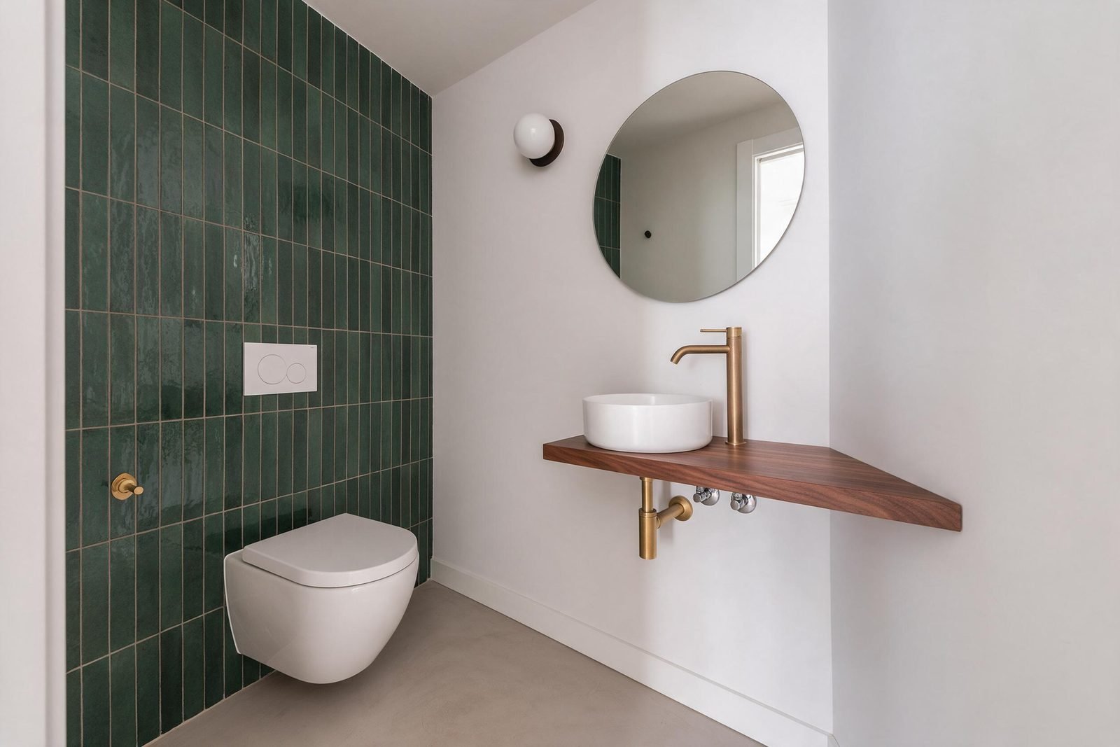 Aseo reformado en Madrid con azulejo verde, lavabo sobre encimera y espejo redondo