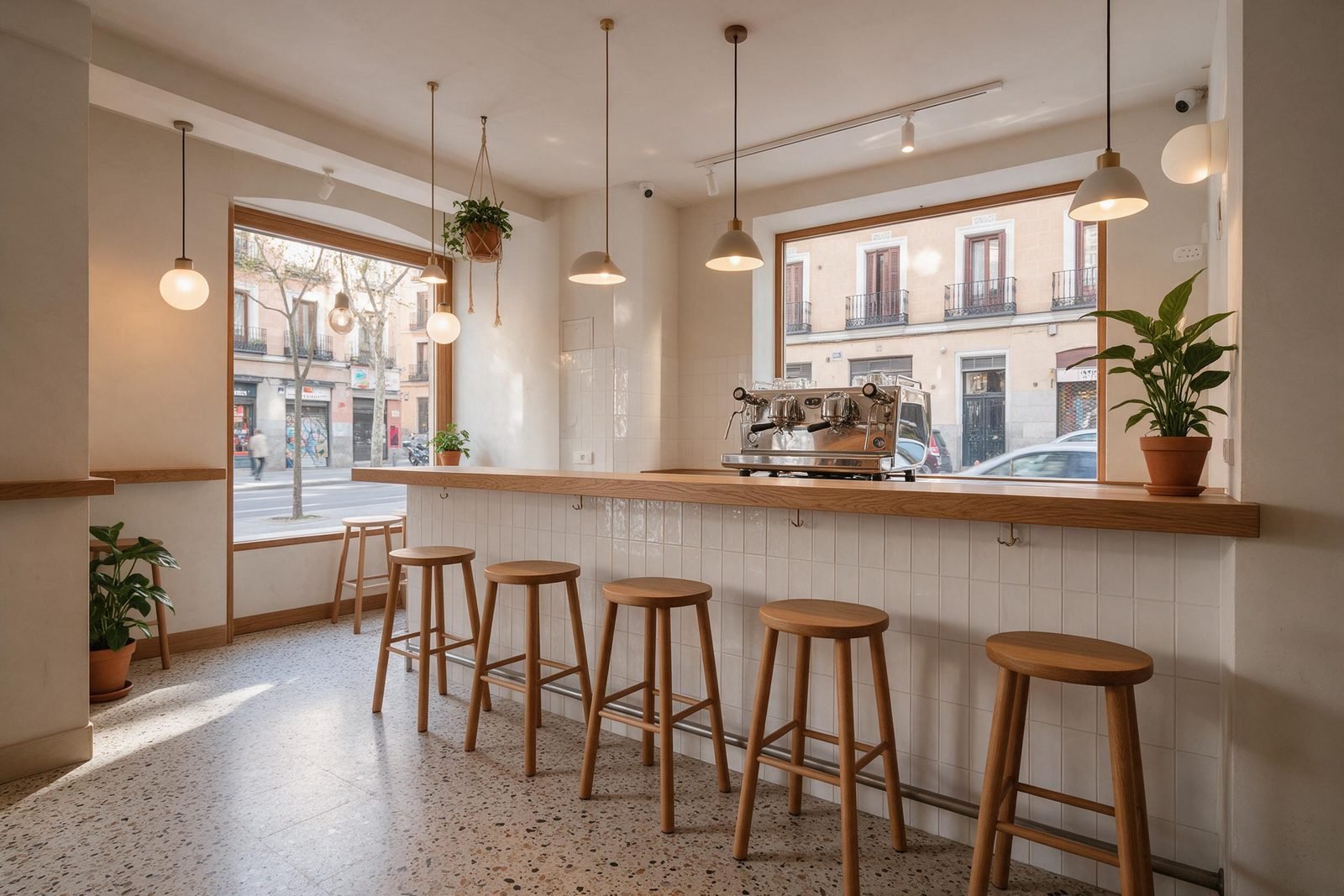 Barra de cafetería reformada en Madrid, con obra, instalaciones y mobiliario entregados en la fecha firmada