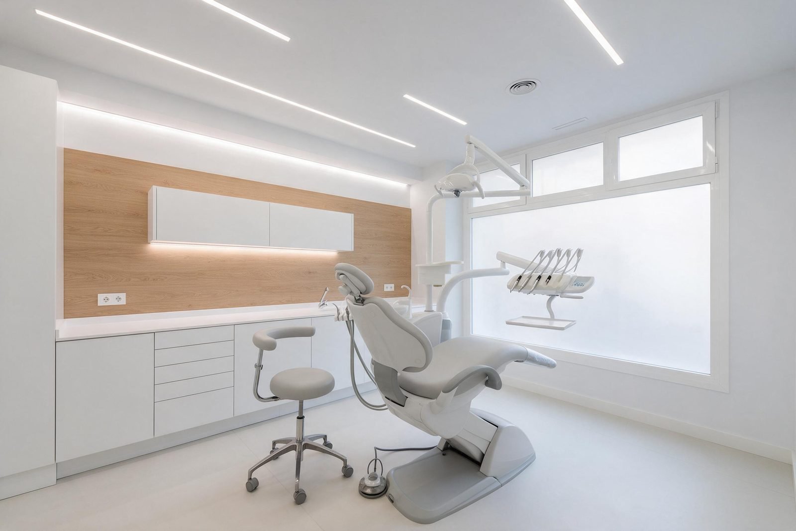 Consulta de clínica dental reformada en Madrid con sillón, mobiliario blanco y pared de roble