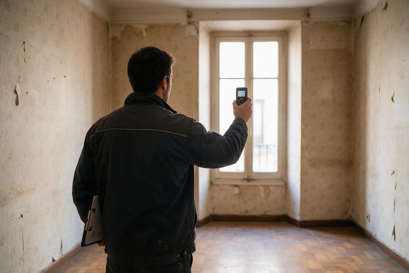 Medición de un piso antiguo de Madrid con medidor láser durante la visita del estudio