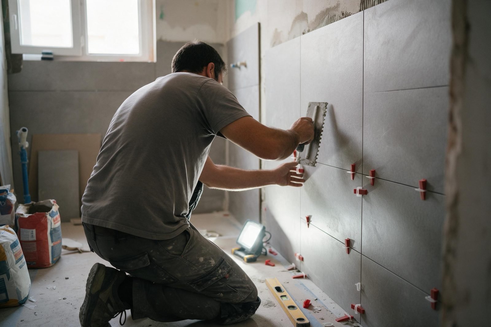 Alicatador colocando azulejo de gran formato en un baño en obras en Madrid