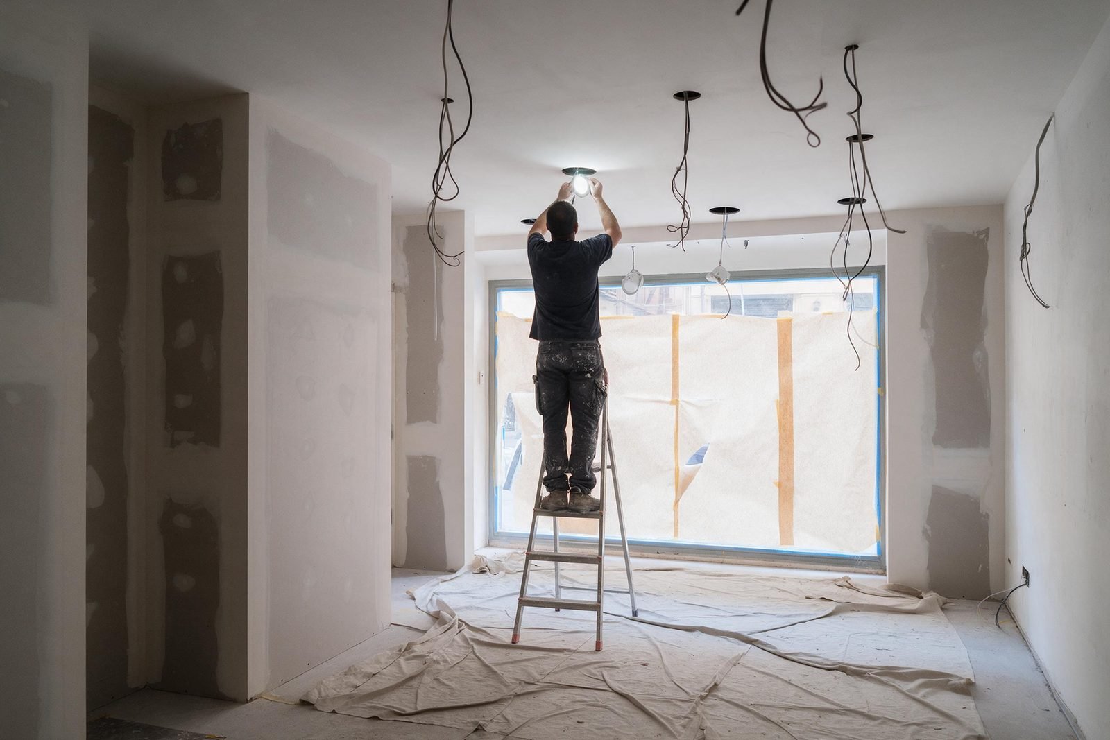 Local comercial en obras en Madrid con tabiques nuevos e instalación de iluminación en el techo