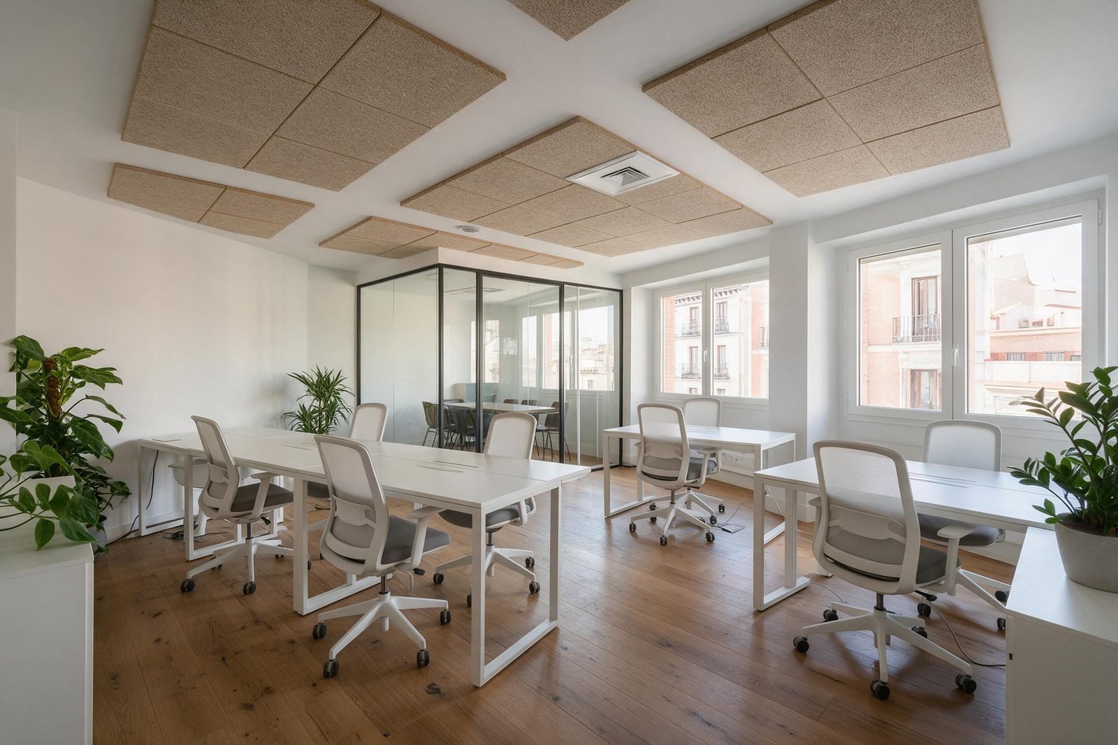 Oficina reformada en Madrid con puestos de trabajo, sala de reuniones acristalada y suelo de roble