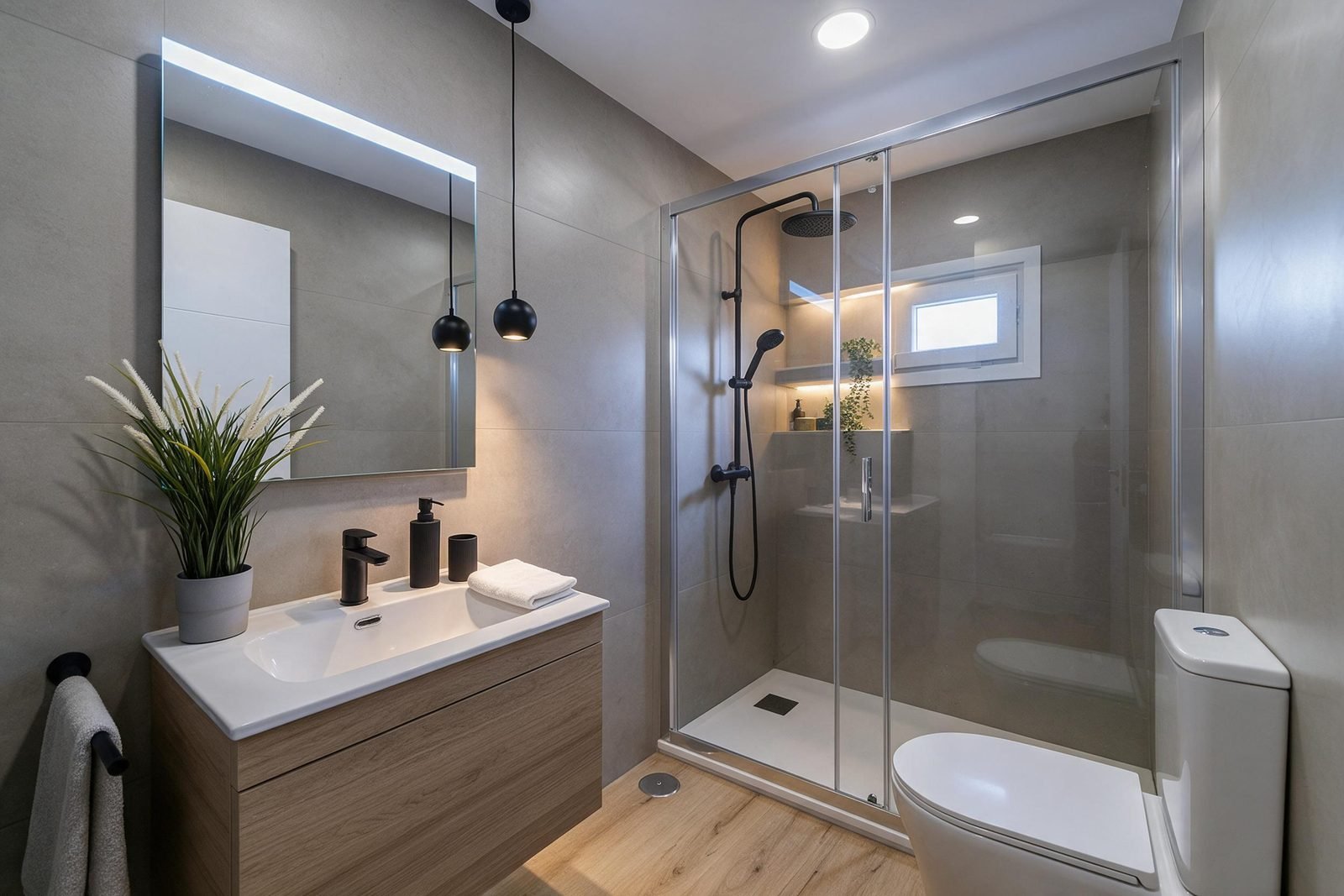 Baño compacto reformado en Madrid con ducha de mampara corredera y azulejo gris de gran formato