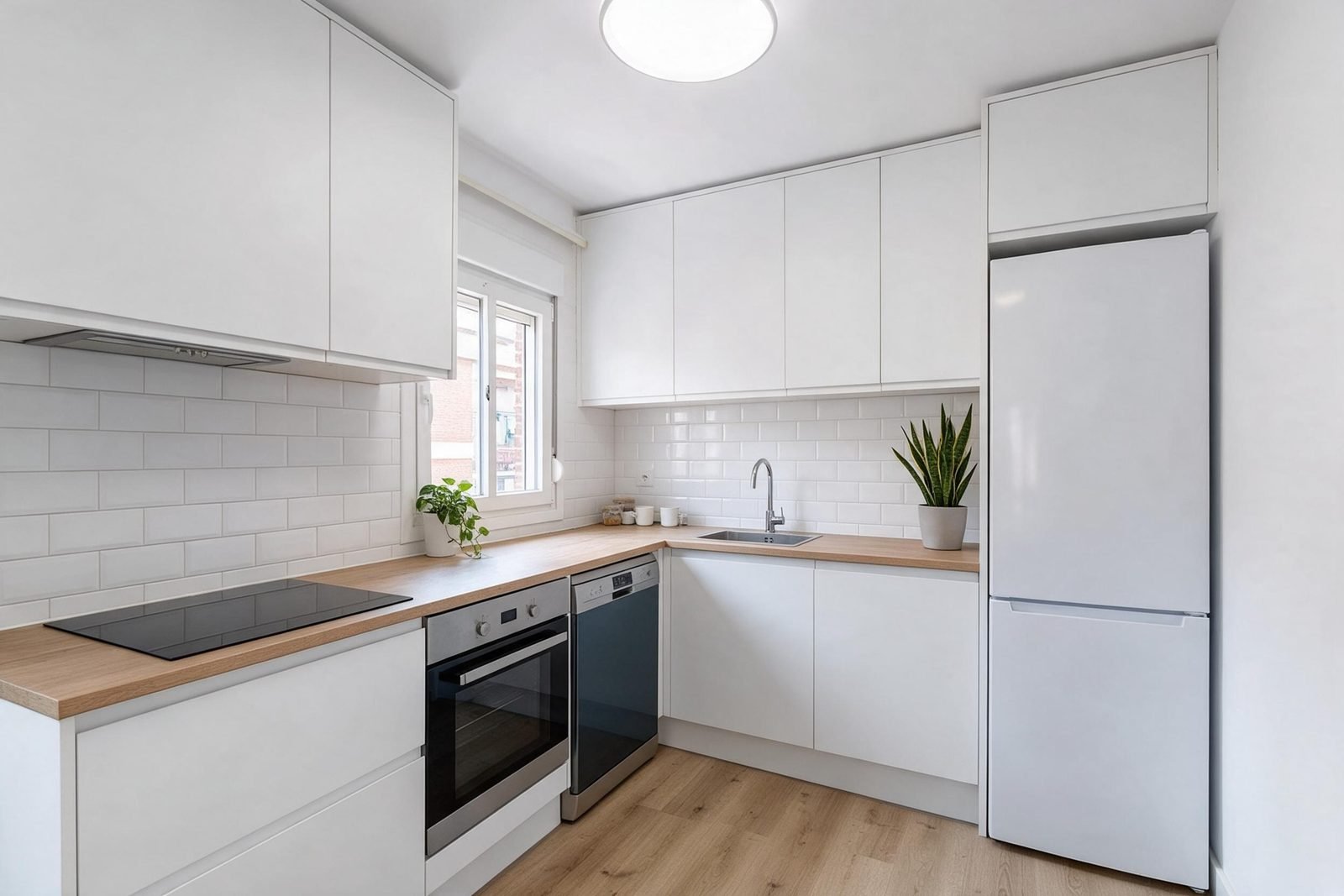 Despu&eacute;s: la misma cocina compartida reformada, con muebles blancos y encimera de madera