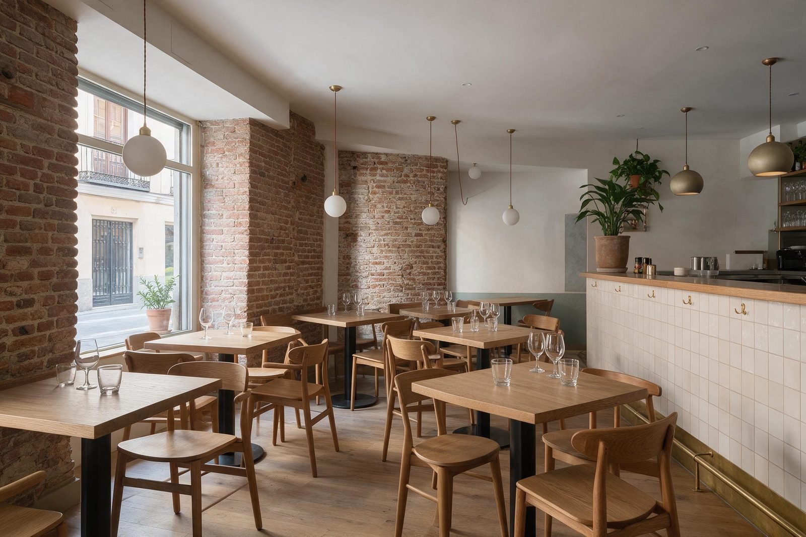 Sala de un restaurante reformado en Madrid lista para abrir, con ladrillo visto y barra alicatada
