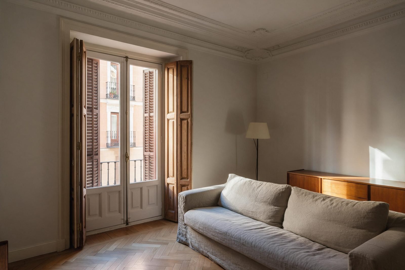 Detalle del salón tras una reforma integral en Madrid, con carpintería restaurada y suelo de roble en espiga