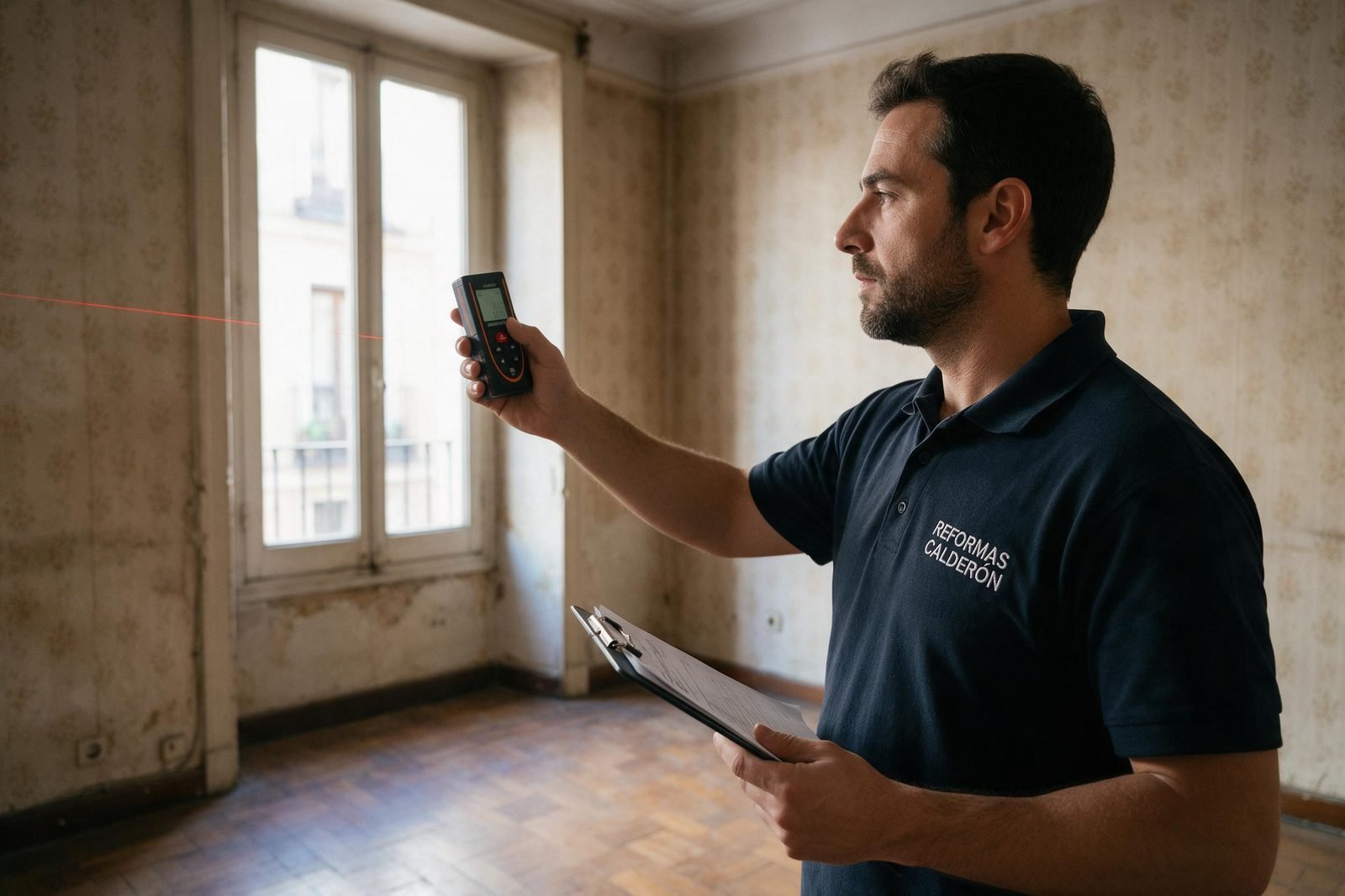 Técnico de Reformas Calderón, con la marca en la ropa, midiendo un local con medidor láser